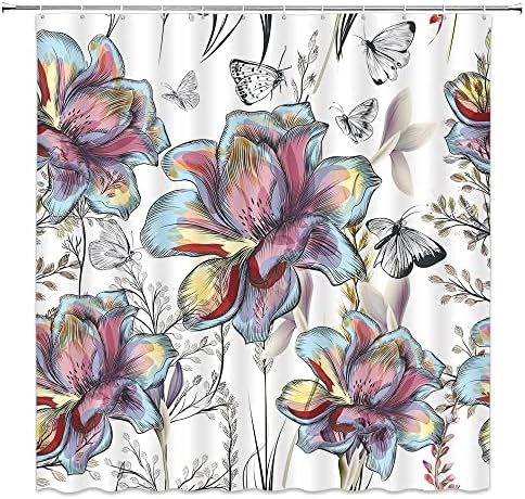 YSSFAV Tavaszi Virágos zuhanyfüggöny Akvarell Elvont Színes Pillangó, Virág Ország Fürdőszoba Dekor Függöny Szett Horog