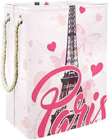 Inhomer Romantikus Eiffel-Torony, valamint a Rózsaszín Pillangók, 300D Oxford PVC, Vízálló Szennyestartót Nagy Kosárban a