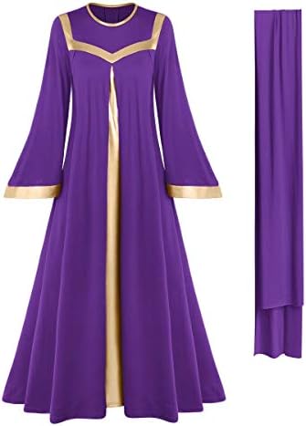 A Nők Fémes Liturgikus Dicséret Tánc Ruha + Derék Istentisztelet Jelmez Bell Hosszú Ujjú Bi Color Lírai Dancewear