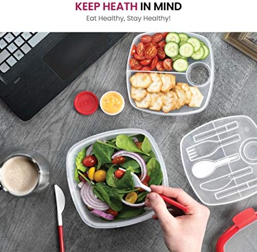 Kétkamrás Ebéd Konténer Szett - BPA-Mentes Légmentes Bento Box - Evőeszköz Szett Salátaöntet Konténer, Hogy Menjen - Mikrohullámú