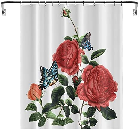 YUYASM Piros Virág zuhanyfüggöny Tavaszi Bimbó Pillangós Növények Dekoráció Poliészter Szövet Fürdőszoba Függöny Műanyag