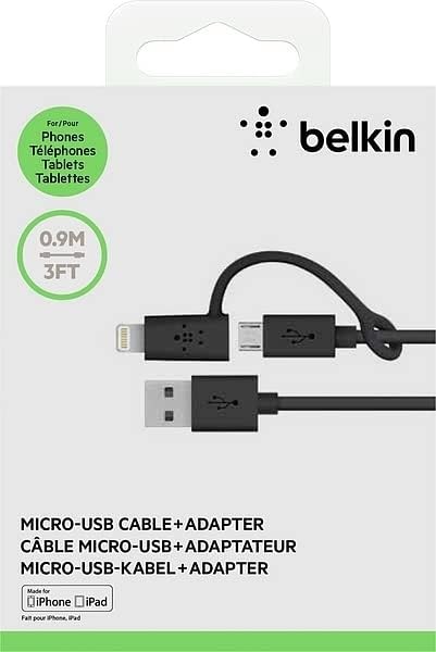 Belkin 3-Láb Micro-USB Kábel a Lightning Csatlakozó Adapter - Kiskereskedelmi Csomagolás - Fekete