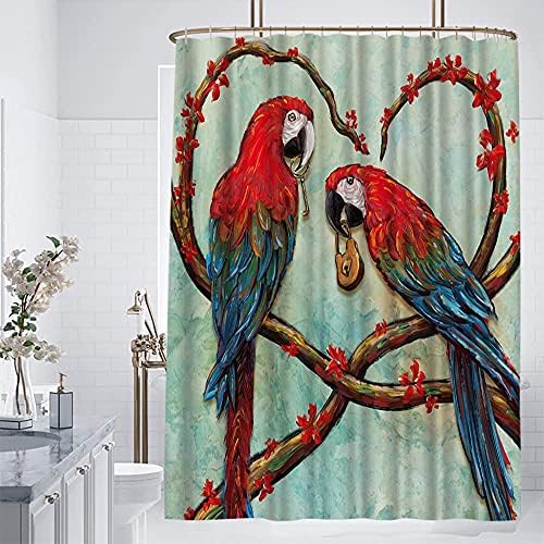 Canvbay Papagájok zuhanyfüggöny Piros Papagáj Szerető Álló Szerelmes Szív Virág, Fa Ágai Fürdő Függöny Egzotikus Dzsungel