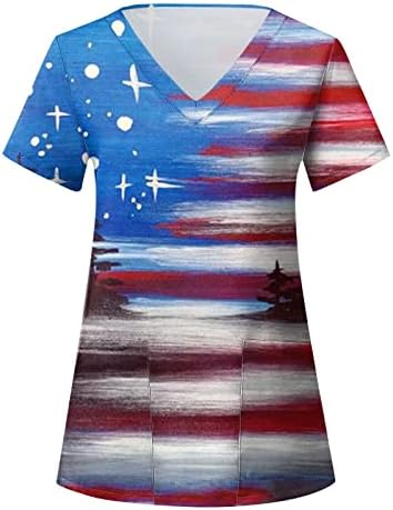 Július 4-én Pólók Női Usa Zászló Nyári Rövid Ujjú, V Nyakú Póló, 2 Zsebbel Blúzok Ünnepi Alkalmi Munkaruházat